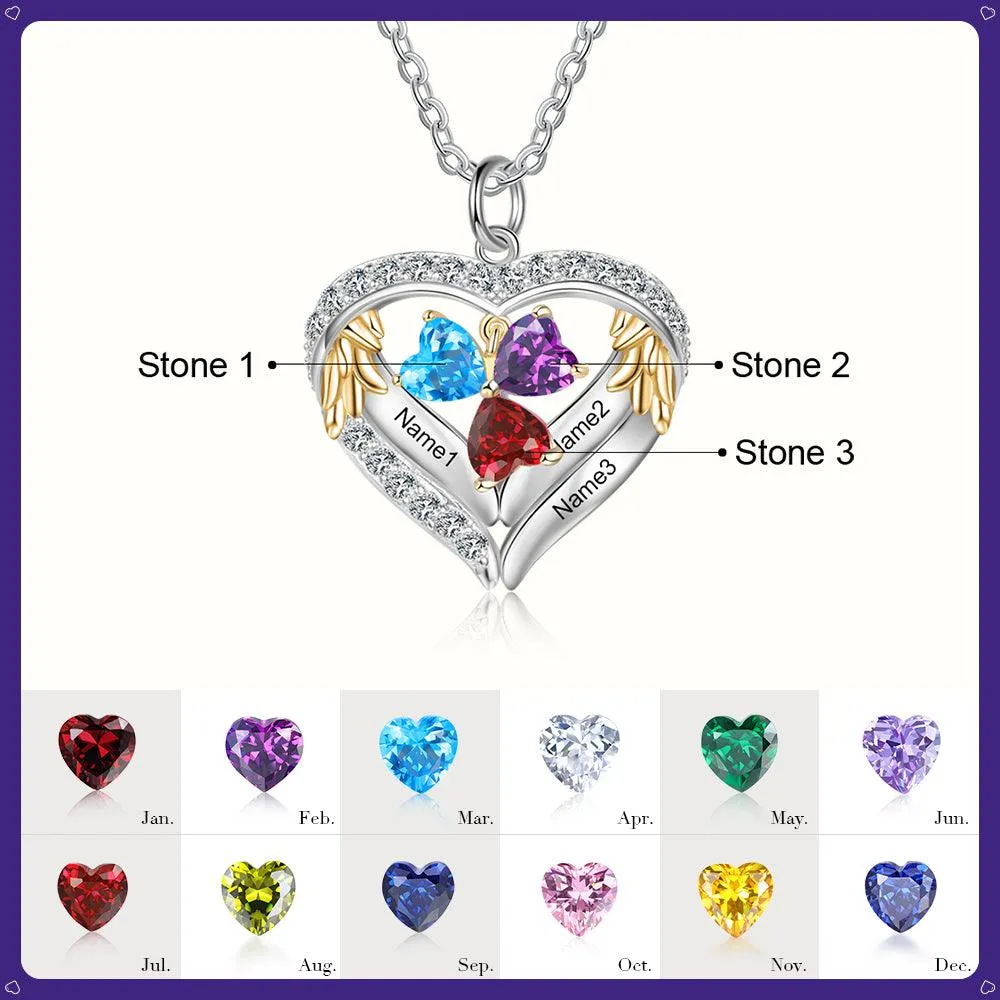 Personalized Sterling Clover Three Hearts Necklace - 3 Custom Names 3 Birthstones