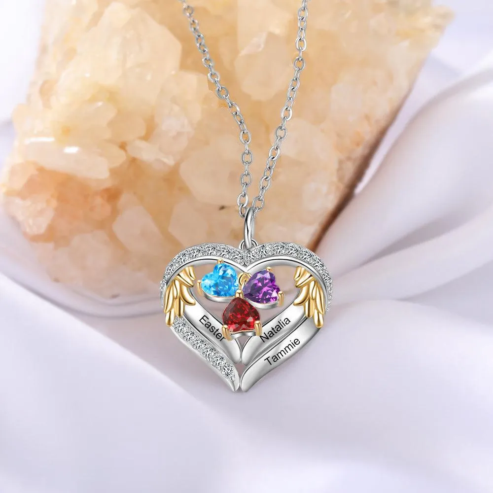 Personalized Sterling Clover Three Hearts Necklace - 3 Custom Names 3 Birthstones