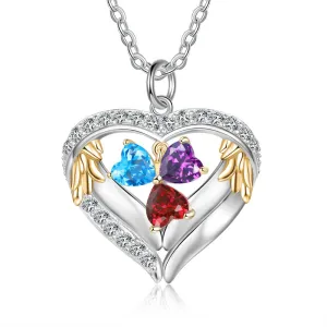 Personalized Sterling Clover Three Hearts Necklace - 3 Custom Names 3 Birthstones