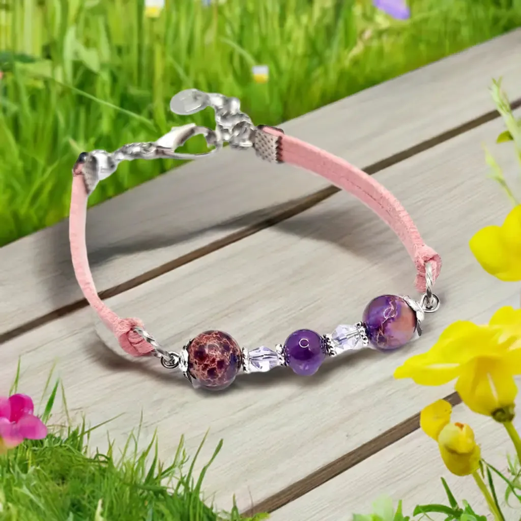 Pink Faux suede Purple Gemstone Bracelet
