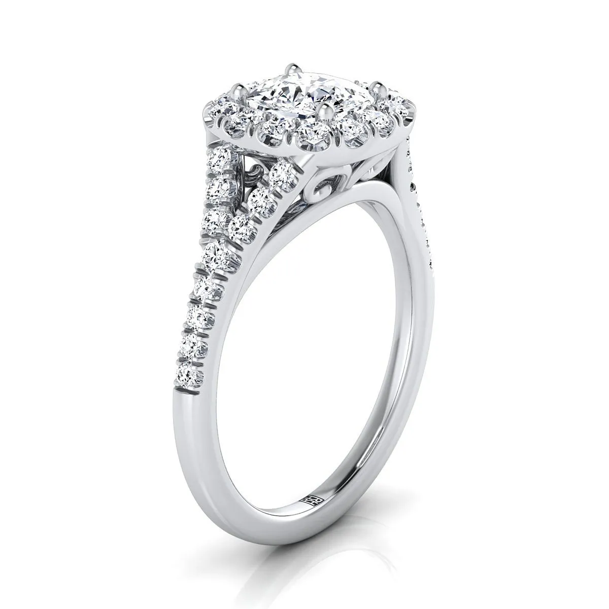 Platinum Cushion Diamond Simple Prong Halo Split Shank Engagement Ring -1/2ctw