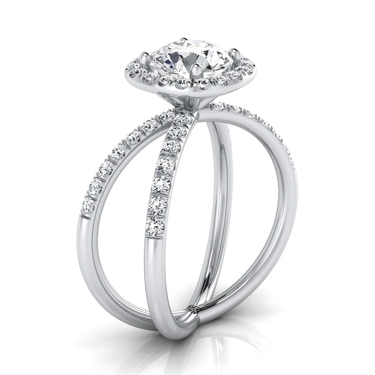Platinum Round Brilliant Diamond Open Criss Cross French Pave Engagement Ring -1/2ctw