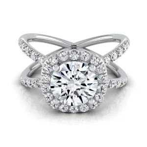 Platinum Round Brilliant Diamond Open Criss Cross French Pave Engagement Ring -1/2ctw
