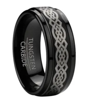 Polished Black Tungsten Wedding Band with Celtic Knot Design | 9mm