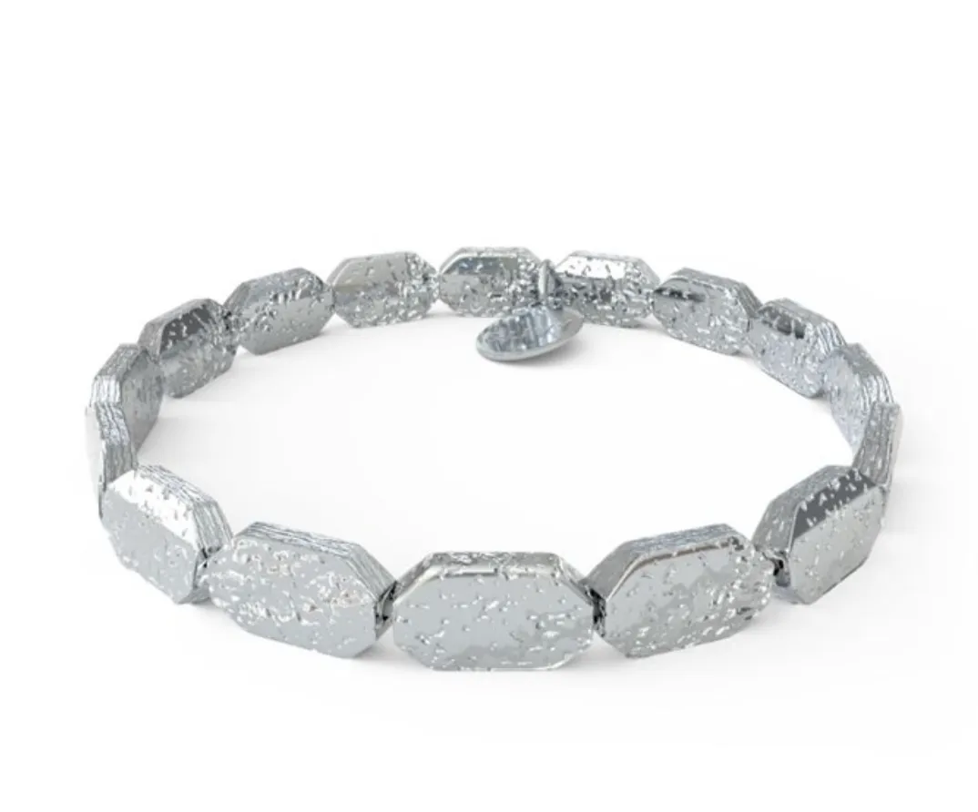Rectangular Hammered Shiny Silver Beaded Stretch Bracelet by &Livy