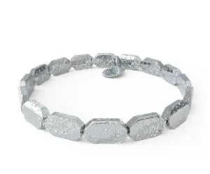 Rectangular Hammered Shiny Silver Beaded Stretch Bracelet by &Livy