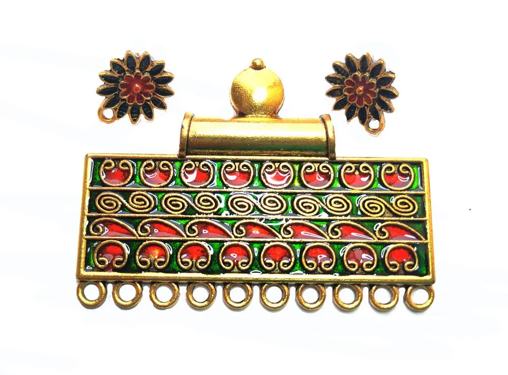 Red Green Enamel Pendant with Studs