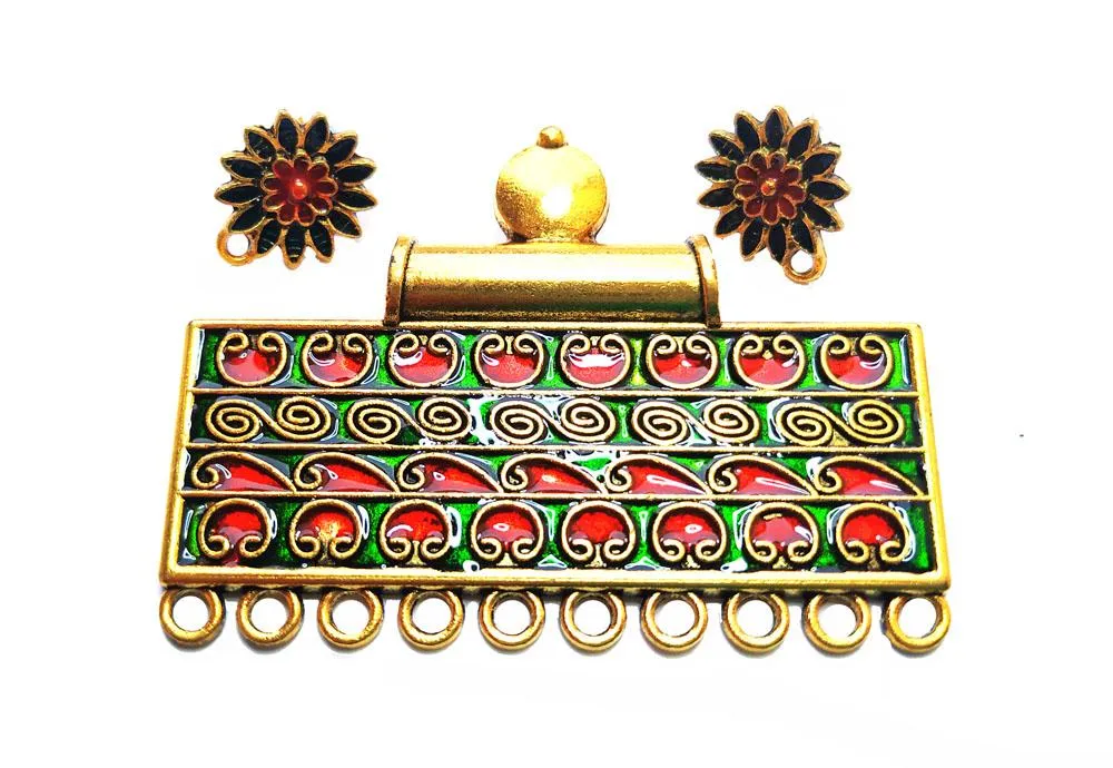 Red Green Enamel Pendant with Studs