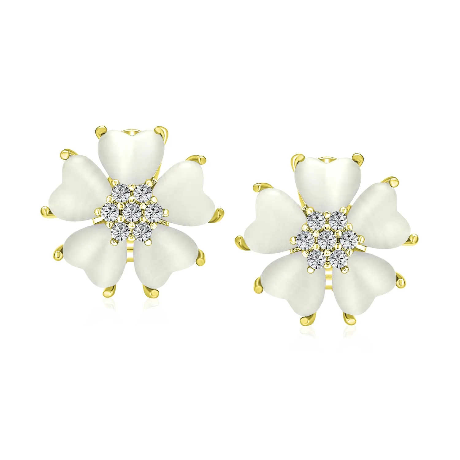 Romantic Cat Eye Gemstone Heart Petal Flower Stud Earrings in Yellow Gold