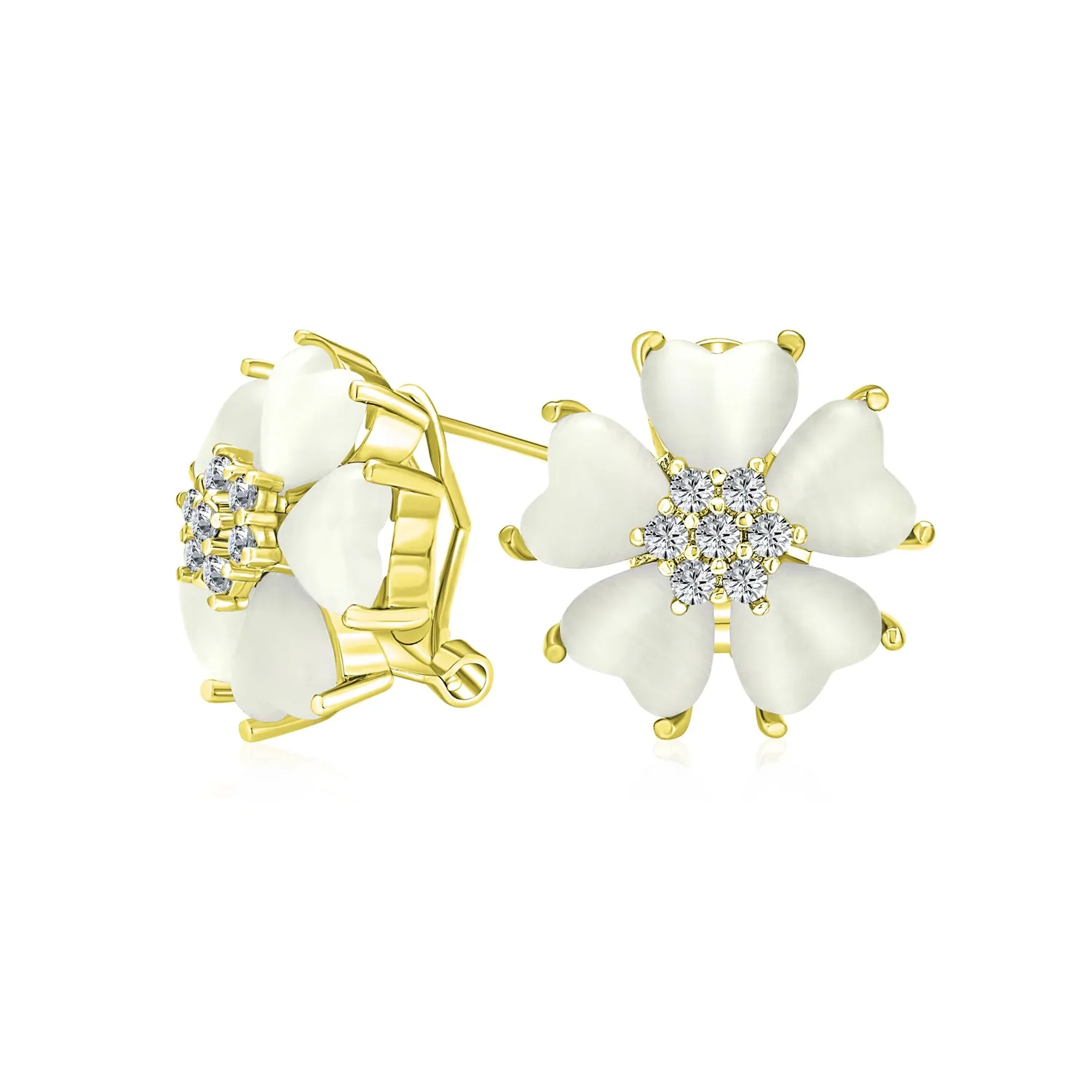 Romantic Cat Eye Gemstone Heart Petal Flower Stud Earrings in Yellow Gold