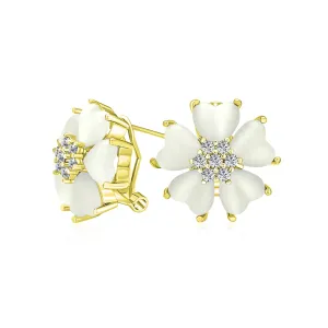 Romantic Cat Eye Gemstone Heart Petal Flower Stud Earrings in Yellow Gold