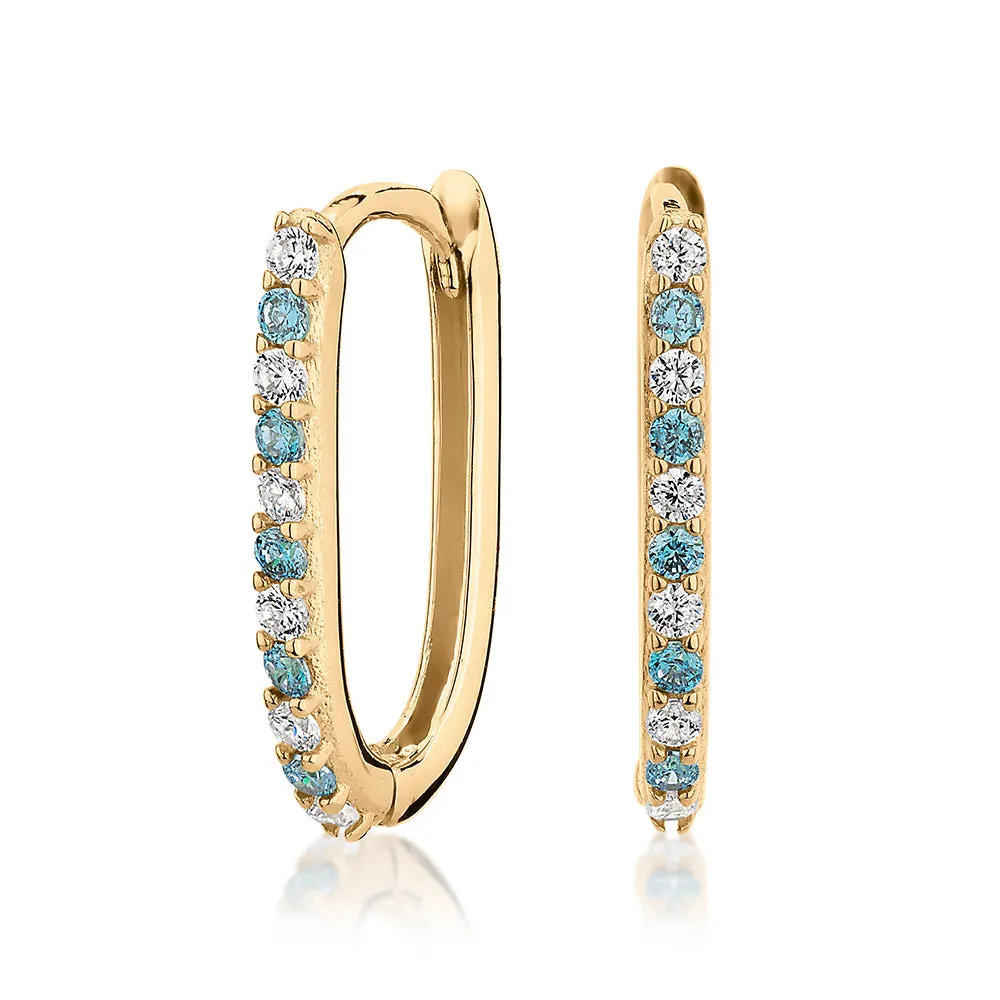 Round Brilliant hoop earrings with diamond and aqua marine simulants in 10 carat yellow gold