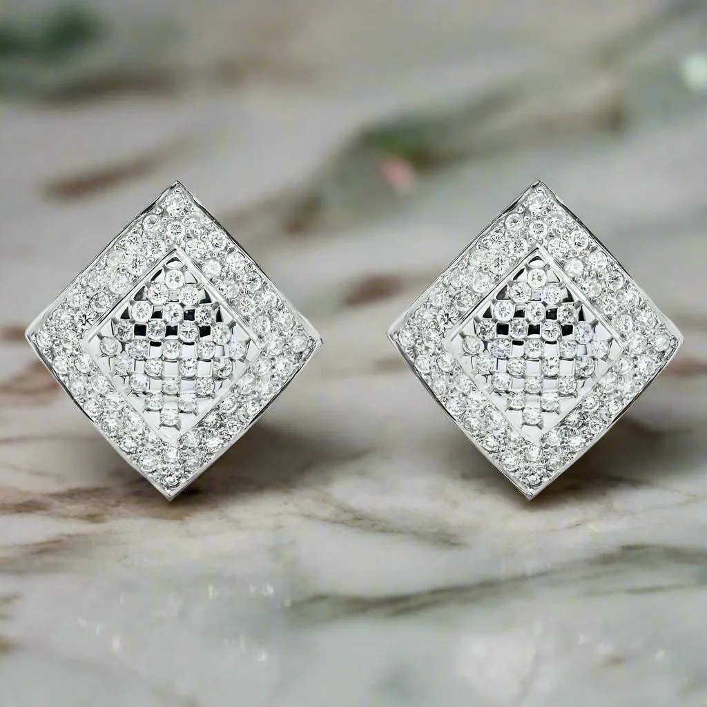 Sable 3 Carats Pave Round Square Diamond Stud Earrings in 14K White Gold