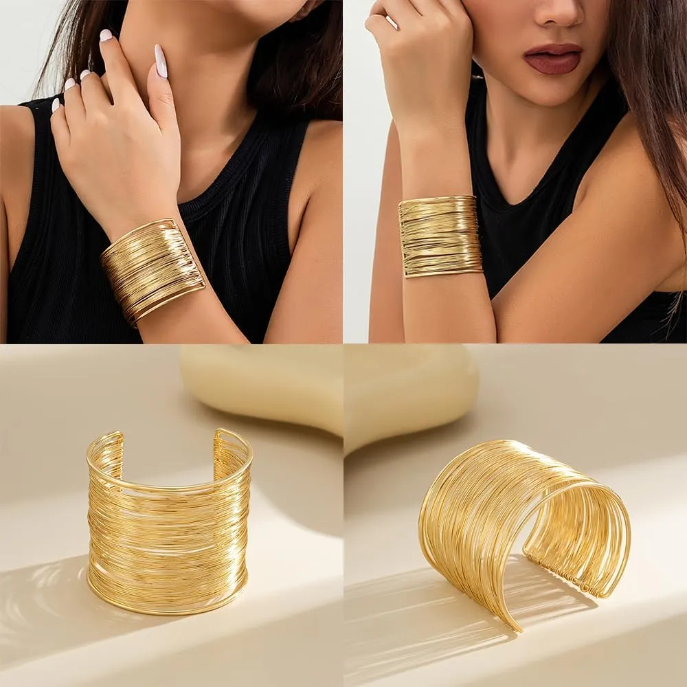Salircon 3PCS Chunky Gold Cuff Bracelets for Women Gold Statement Bangle Bracelets Set Arm Cuff Upper Arm Punk Jewelry