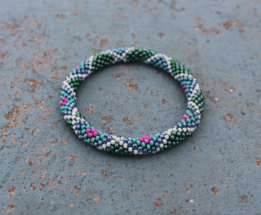 Shiny Green Czech Glass Roll Beads Bracelet