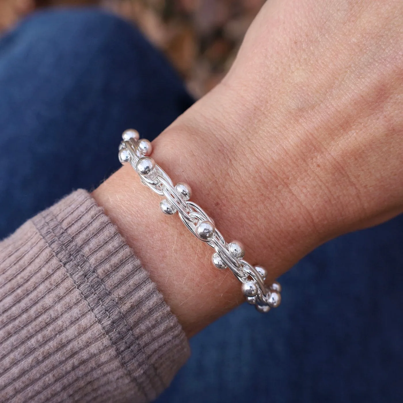 Shiny Sterling Silver Barbell Chain Bracelet