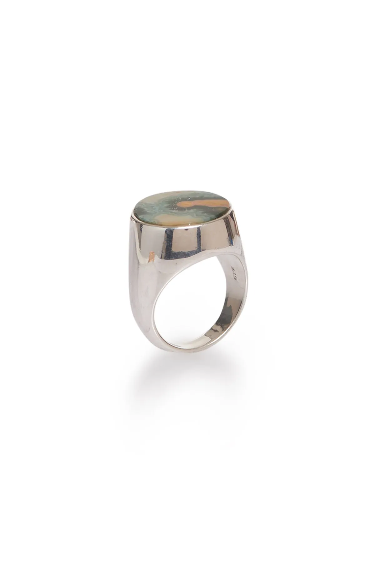 Signet Ring in Sterling Silver & Ocean Jasper Stone with Pink Sapphire