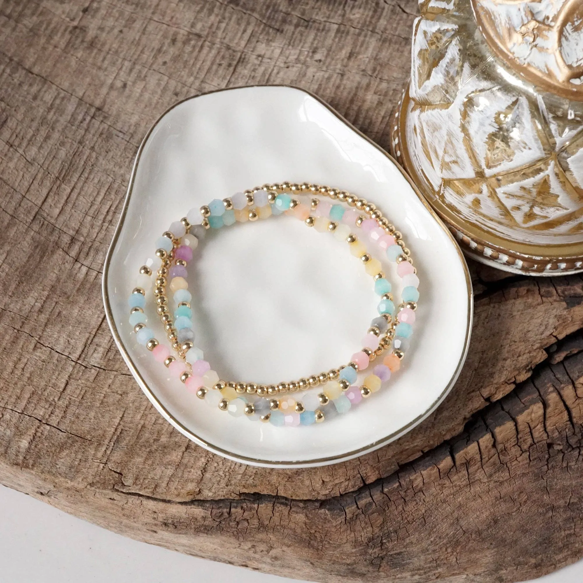 Small Gold tone and Glass beads bracelet stack of 3 bracelets - Pink, Mint or Multi