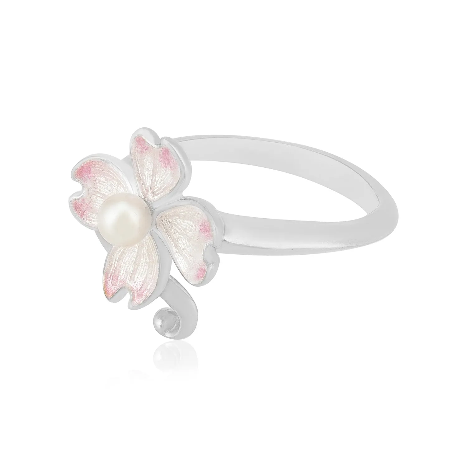 Soft Pink Bloom Rhodium Plated 925 Pearl Enamel Rings