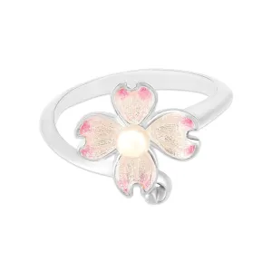 Soft Pink Bloom Rhodium Plated 925 Pearl Enamel Rings
