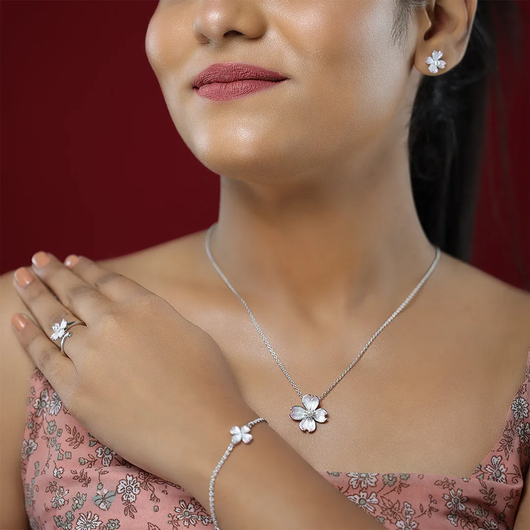 Soft Pink Bloom Rhodium Plated 925 Pearl Enamel Rings