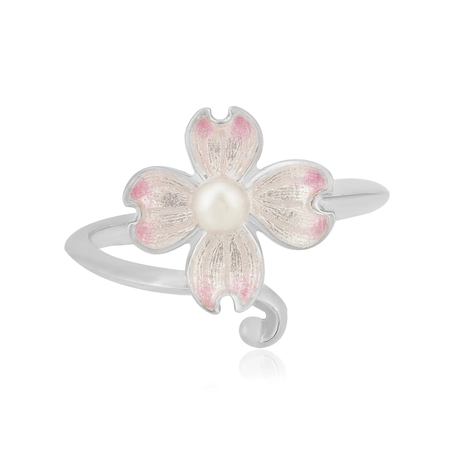 Soft Pink Bloom Rhodium Plated 925 Pearl Enamel Rings