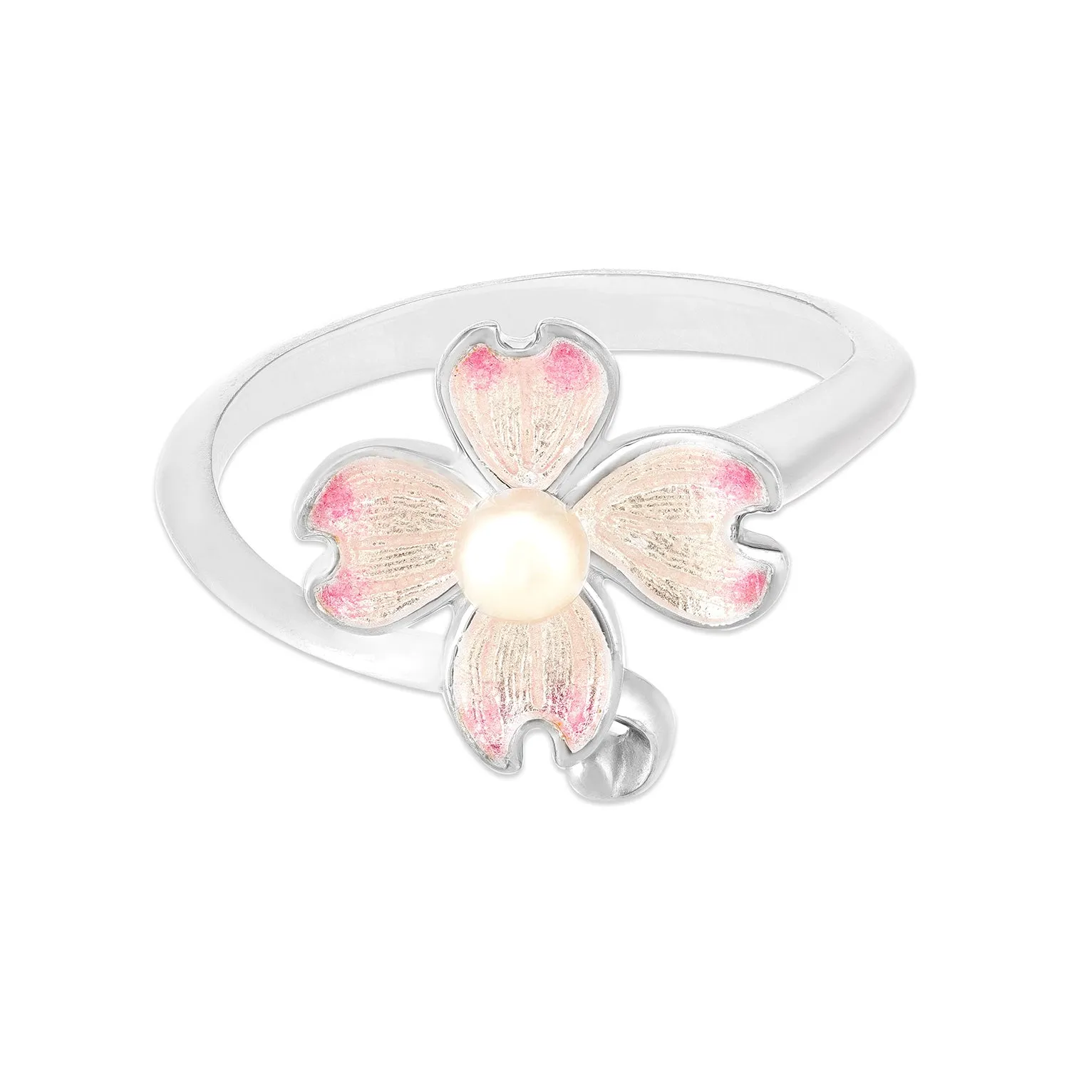 Soft Pink Bloom Rhodium Plated 925 Pearl Enamel Rings