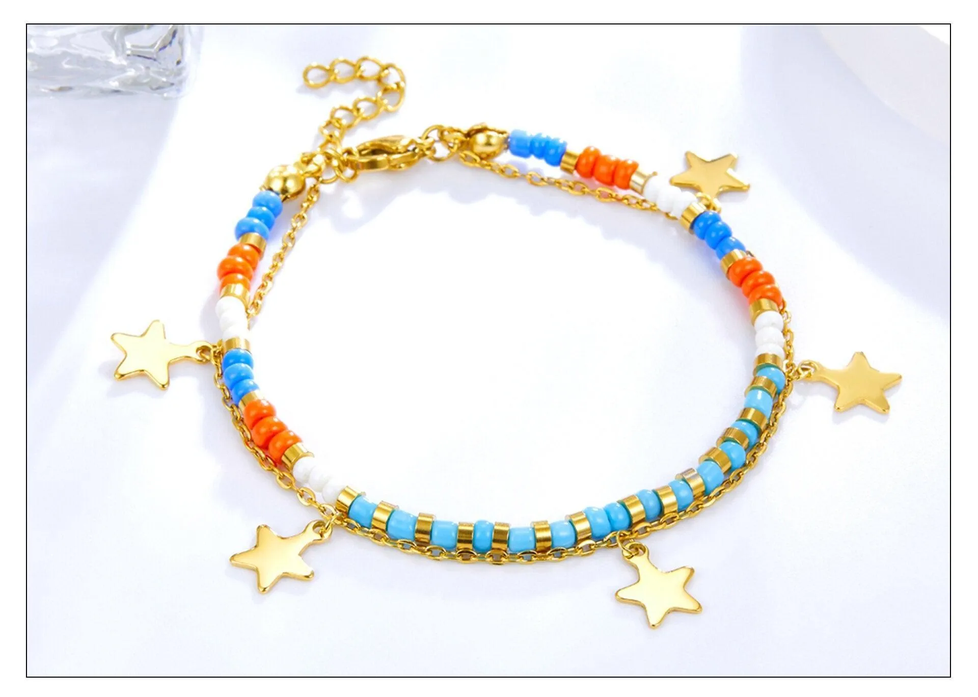 Stainless Steel Mixed Color Beaded Charm Bracelets Bangles for Women - Gold Colour Star Pendants Jewellery