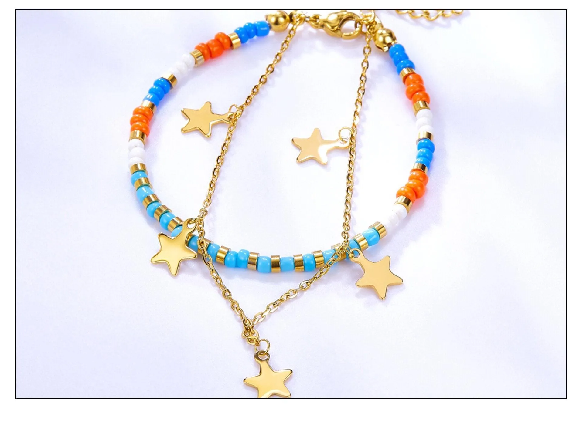 Stainless Steel Mixed Color Beaded Charm Bracelets Bangles for Women - Gold Colour Star Pendants Jewellery