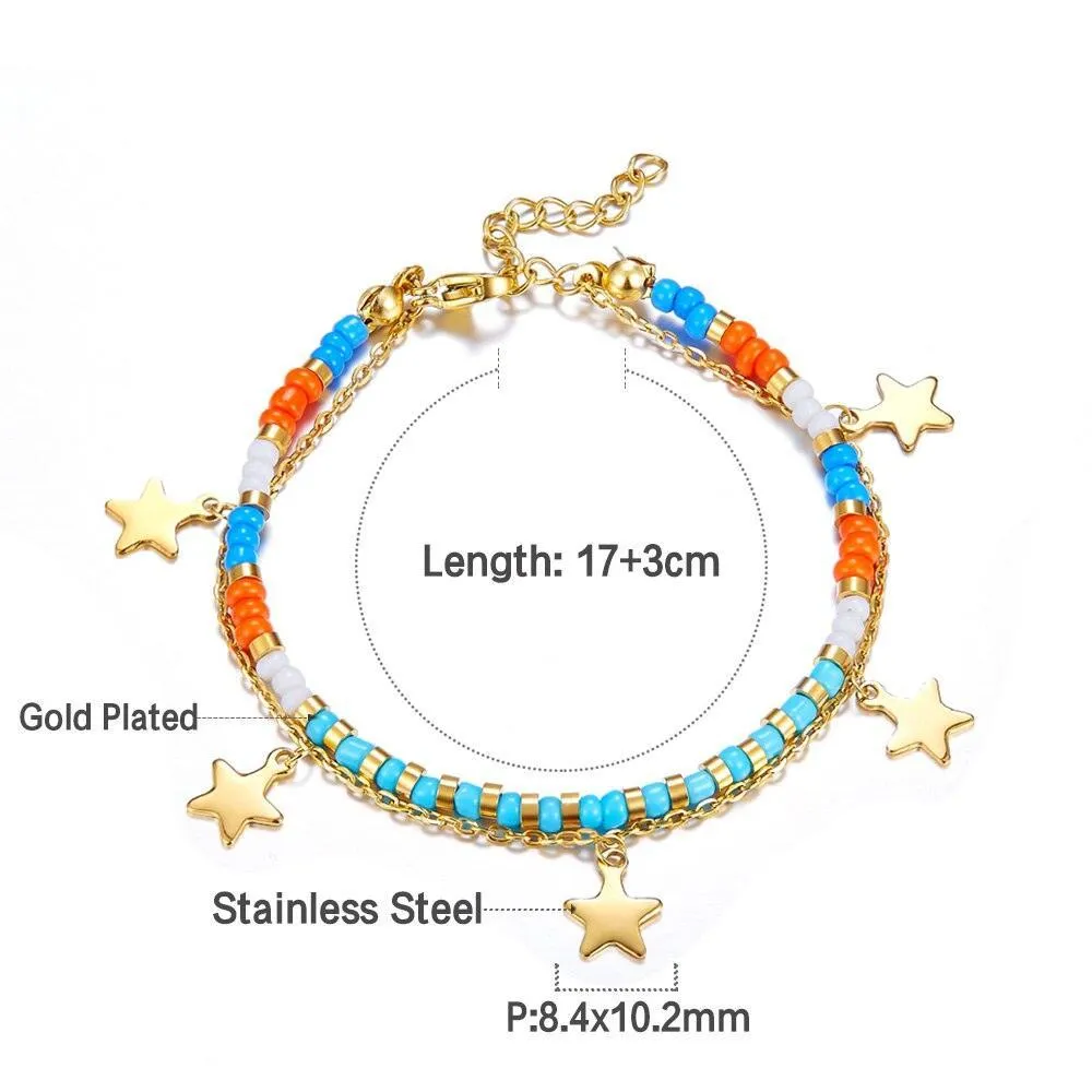 Stainless Steel Mixed Color Beaded Charm Bracelets Bangles for Women - Gold Colour Star Pendants Jewellery