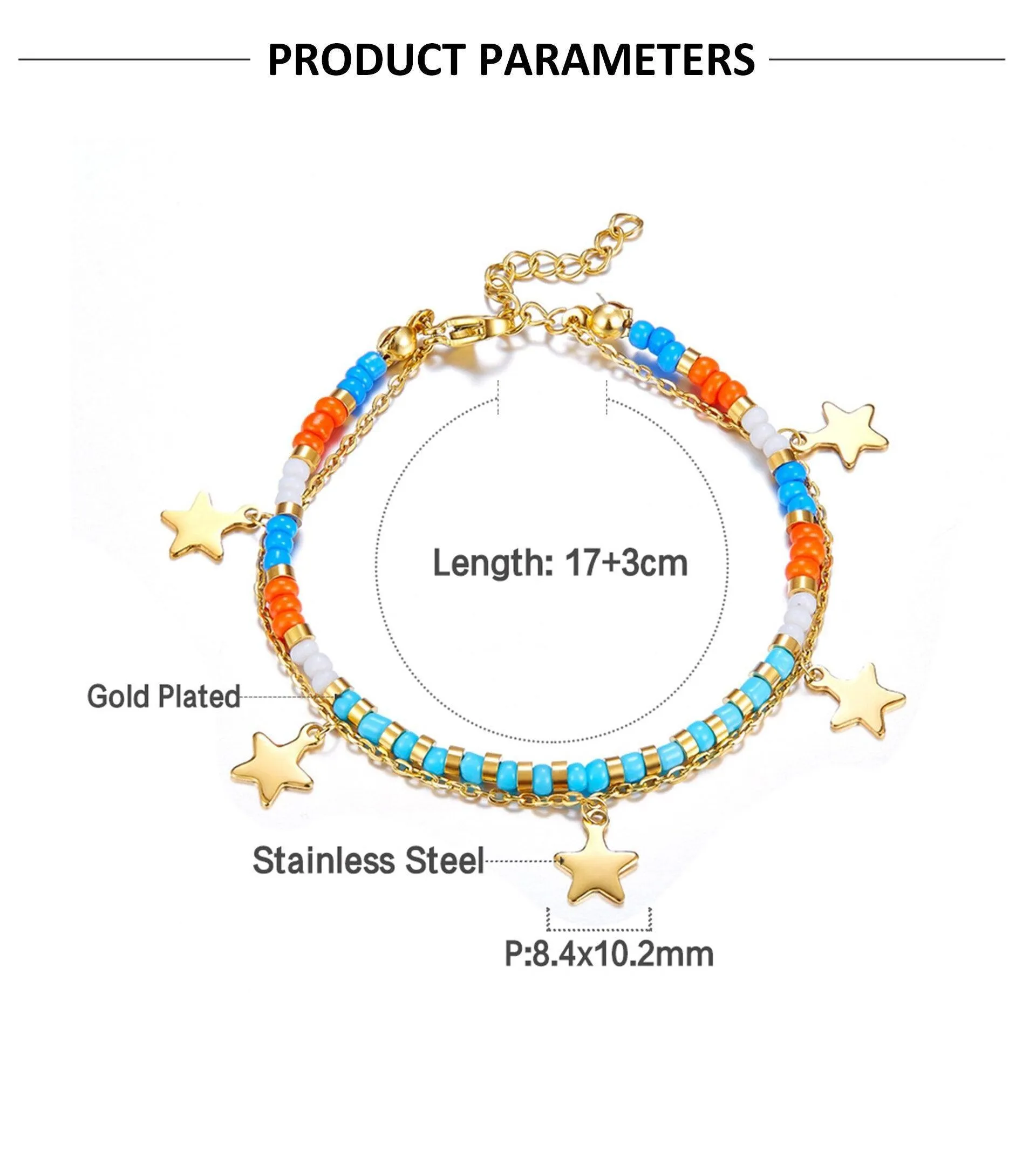 Stainless Steel Mixed Color Beaded Charm Bracelets Bangles for Women - Gold Colour Star Pendants Jewellery