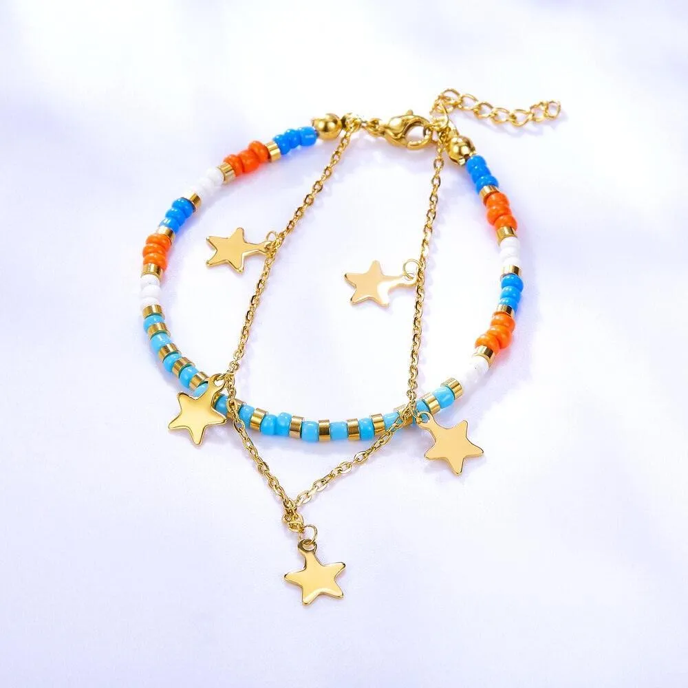 Stainless Steel Mixed Color Beaded Charm Bracelets Bangles for Women - Gold Colour Star Pendants Jewellery