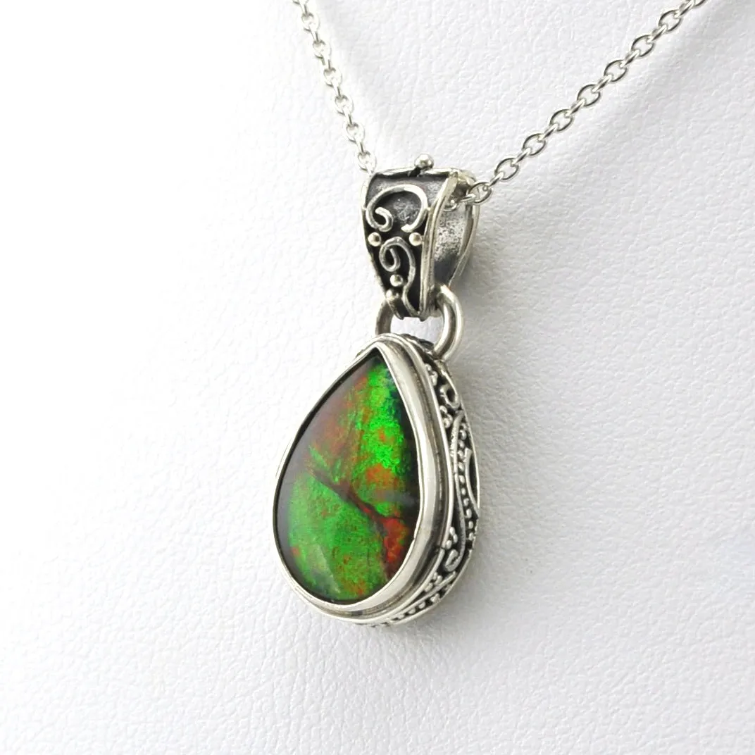 Sterling Silver Ammonite 9x14mm Tear Bali Necklace