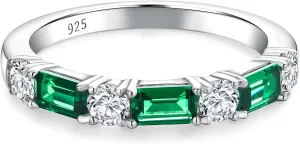 Sterling Silver Birthstone Rings for Women Sapphire/Ruby/Emerald/Aquamarine Wedding Band 3mm Stackable Half Eternity 7 Stone Anniversary Ring Wife Mom Birthday Jewelry Size 6-10