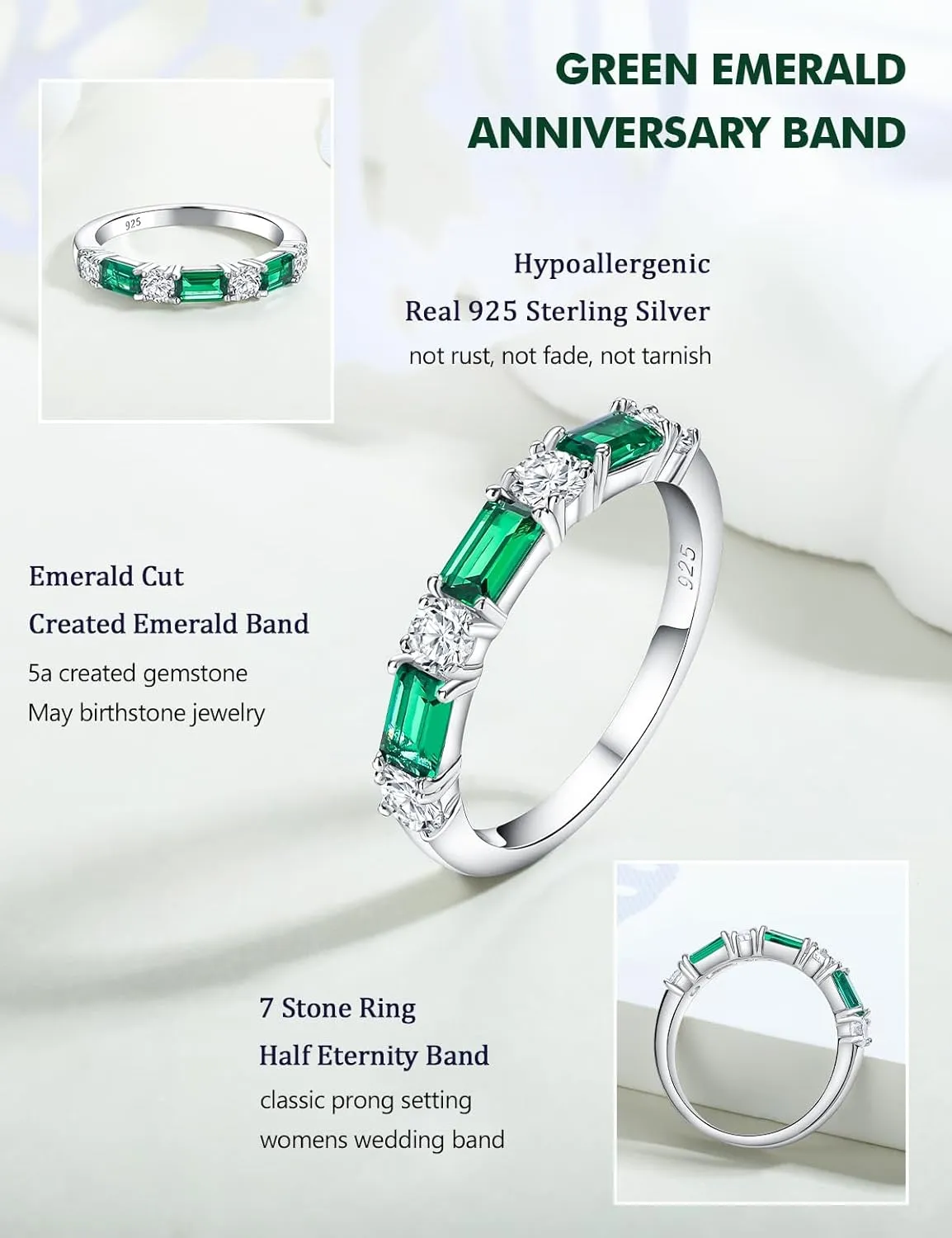 Sterling Silver Birthstone Rings for Women Sapphire/Ruby/Emerald/Aquamarine Wedding Band 3mm Stackable Half Eternity 7 Stone Anniversary Ring Wife Mom Birthday Jewelry Size 6-10