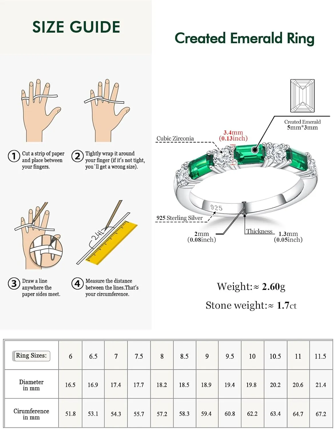Sterling Silver Birthstone Rings for Women Sapphire/Ruby/Emerald/Aquamarine Wedding Band 3mm Stackable Half Eternity 7 Stone Anniversary Ring Wife Mom Birthday Jewelry Size 6-10