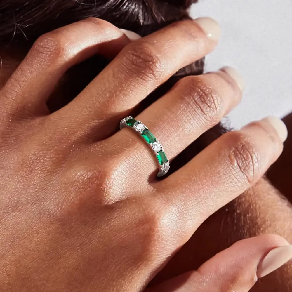 Sterling Silver Birthstone Rings for Women Sapphire/Ruby/Emerald/Aquamarine Wedding Band 3mm Stackable Half Eternity 7 Stone Anniversary Ring Wife Mom Birthday Jewelry Size 6-10