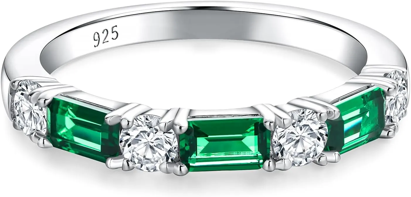 Sterling Silver Birthstone Rings for Women Sapphire/Ruby/Emerald/Aquamarine Wedding Band 3mm Stackable Half Eternity 7 Stone Anniversary Ring Wife Mom Birthday Jewelry Size 6-10