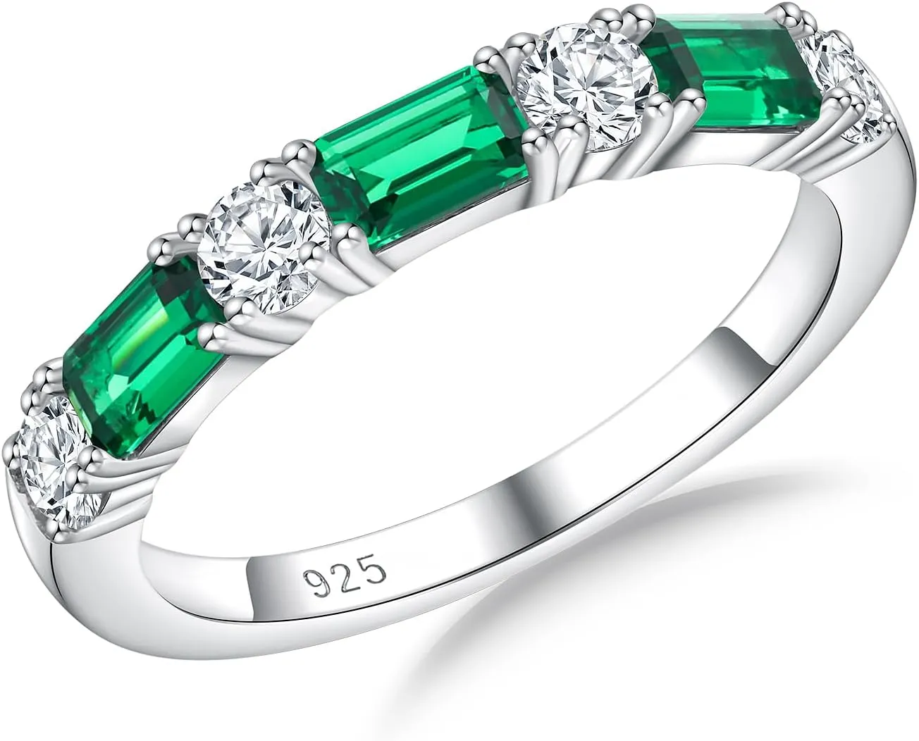 Sterling Silver Birthstone Rings for Women Sapphire/Ruby/Emerald/Aquamarine Wedding Band 3mm Stackable Half Eternity 7 Stone Anniversary Ring Wife Mom Birthday Jewelry Size 6-10