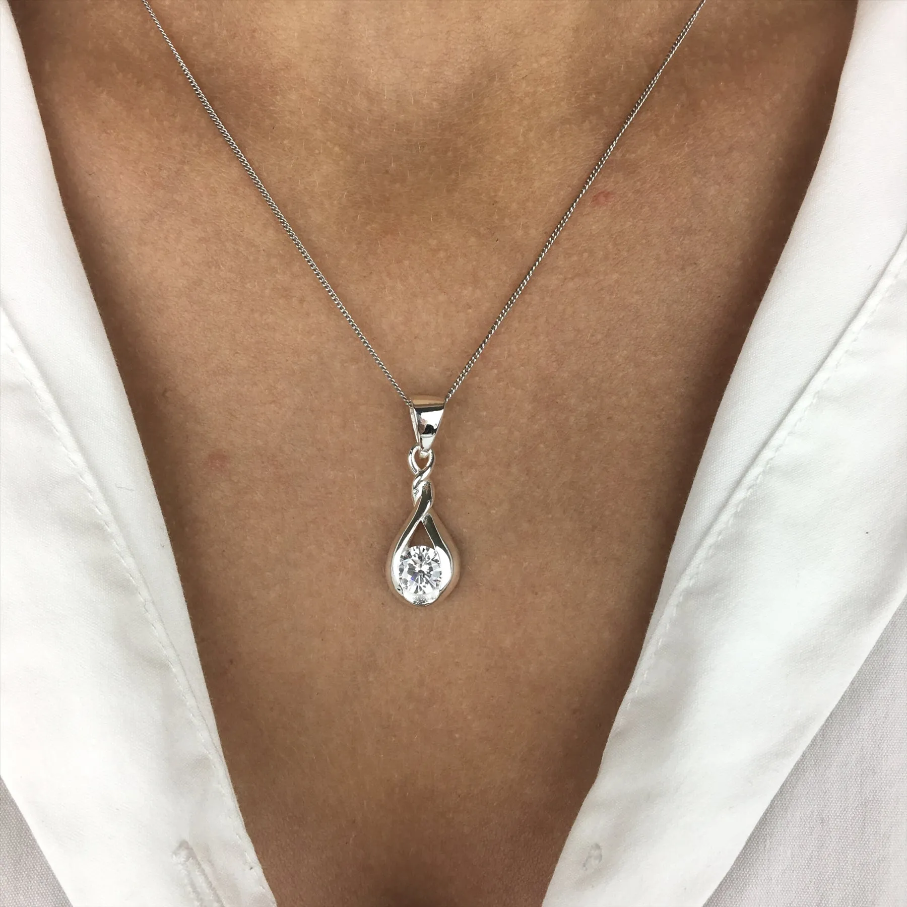 Sterling Silver Cubic Zirconia Infinity Knot Teardrop Pendant Necklace