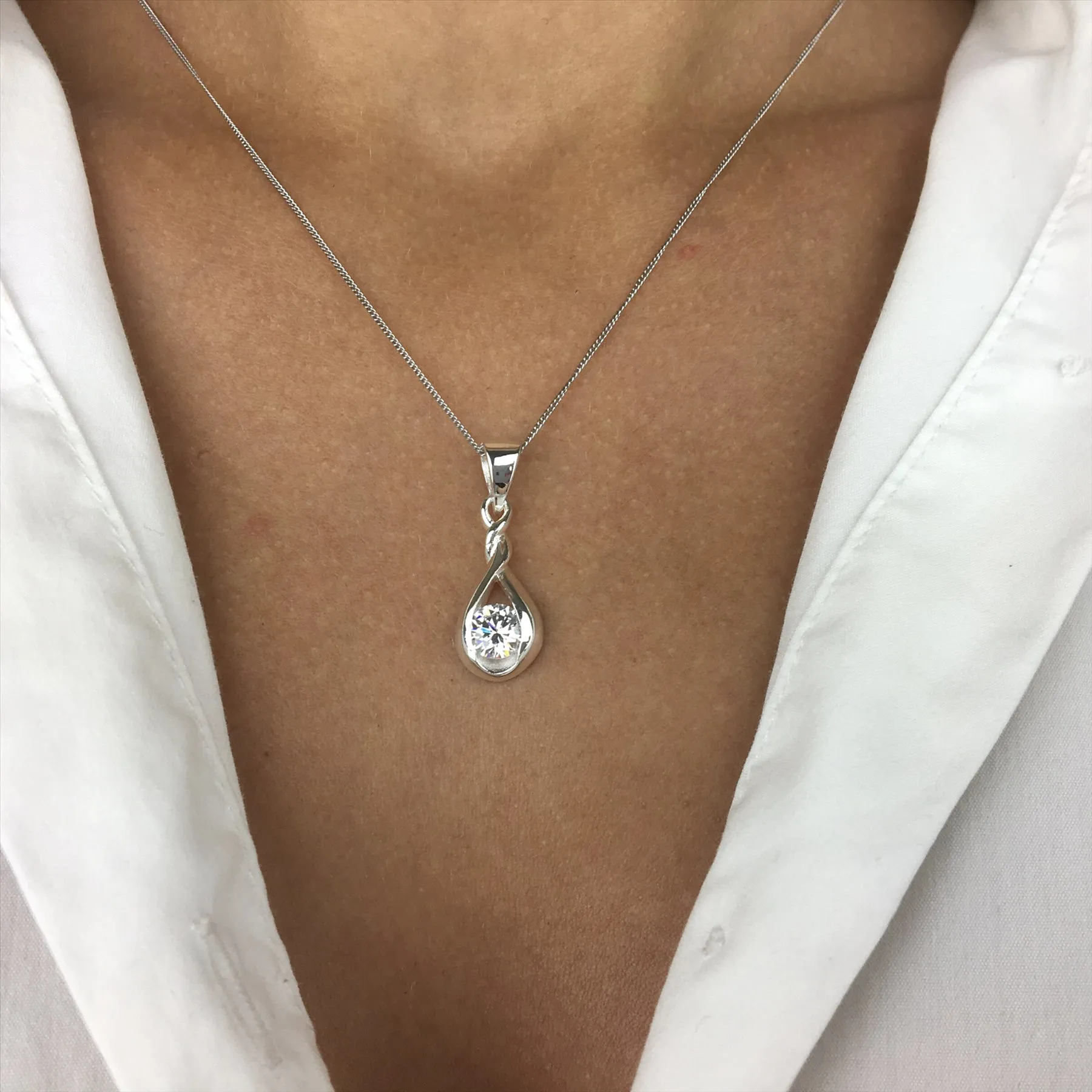 Sterling Silver Cubic Zirconia Infinity Knot Teardrop Pendant Necklace