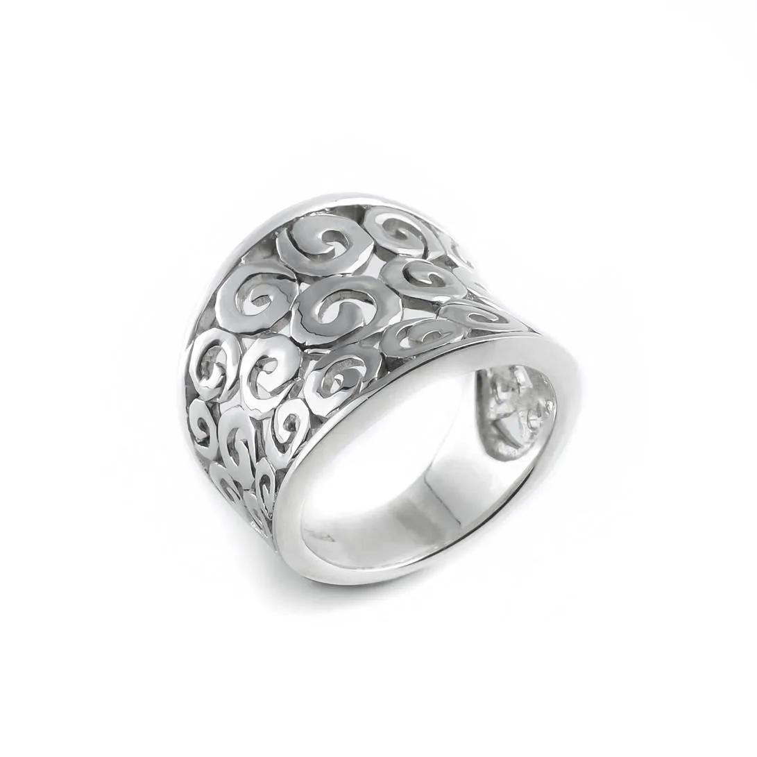 Sterling Silver Cut-Out Spiral Filigree Ring - Wide Concave Band