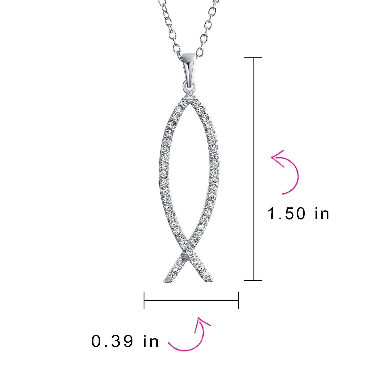Sterling Silver Jesus Fish Ichthys Pendant Necklace with Pave Cubic Zirconia
