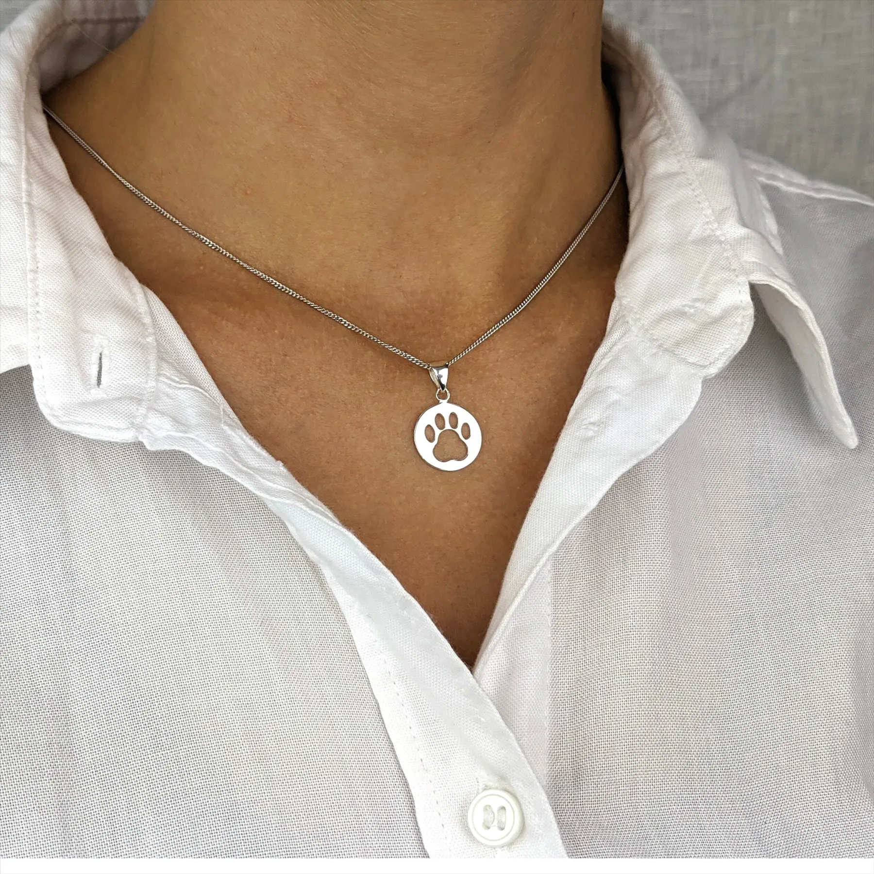 Sterling Silver Round Coin Flat Cut-Out Dog Cat Paw Pendant Necklace