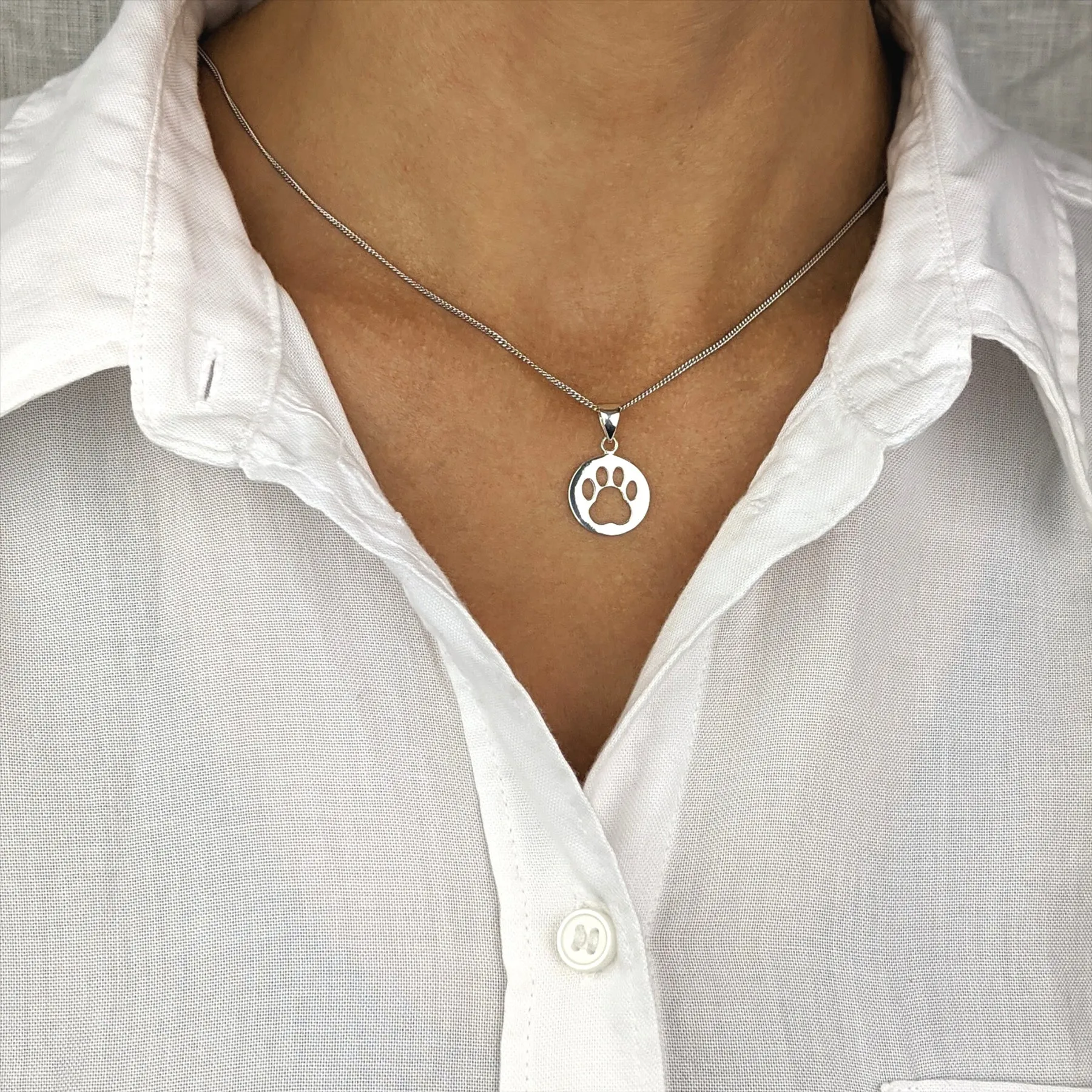 Sterling Silver Round Coin Flat Cut-Out Dog Cat Paw Pendant Necklace