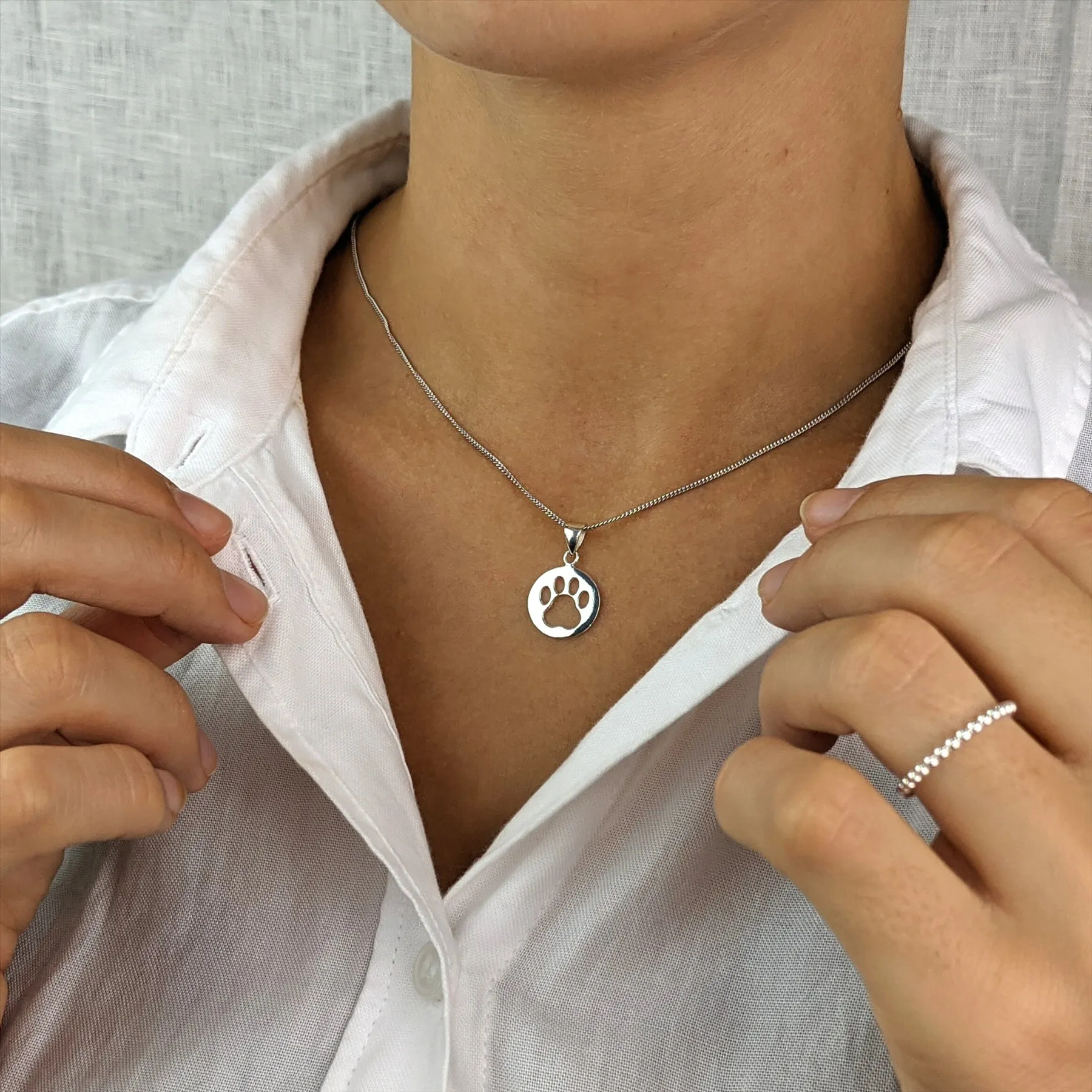 Sterling Silver Round Coin Flat Cut-Out Dog Cat Paw Pendant Necklace