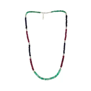 Sterling Silver Ruby Emerald Sapphire Gemstone Beaded Strand Necklace