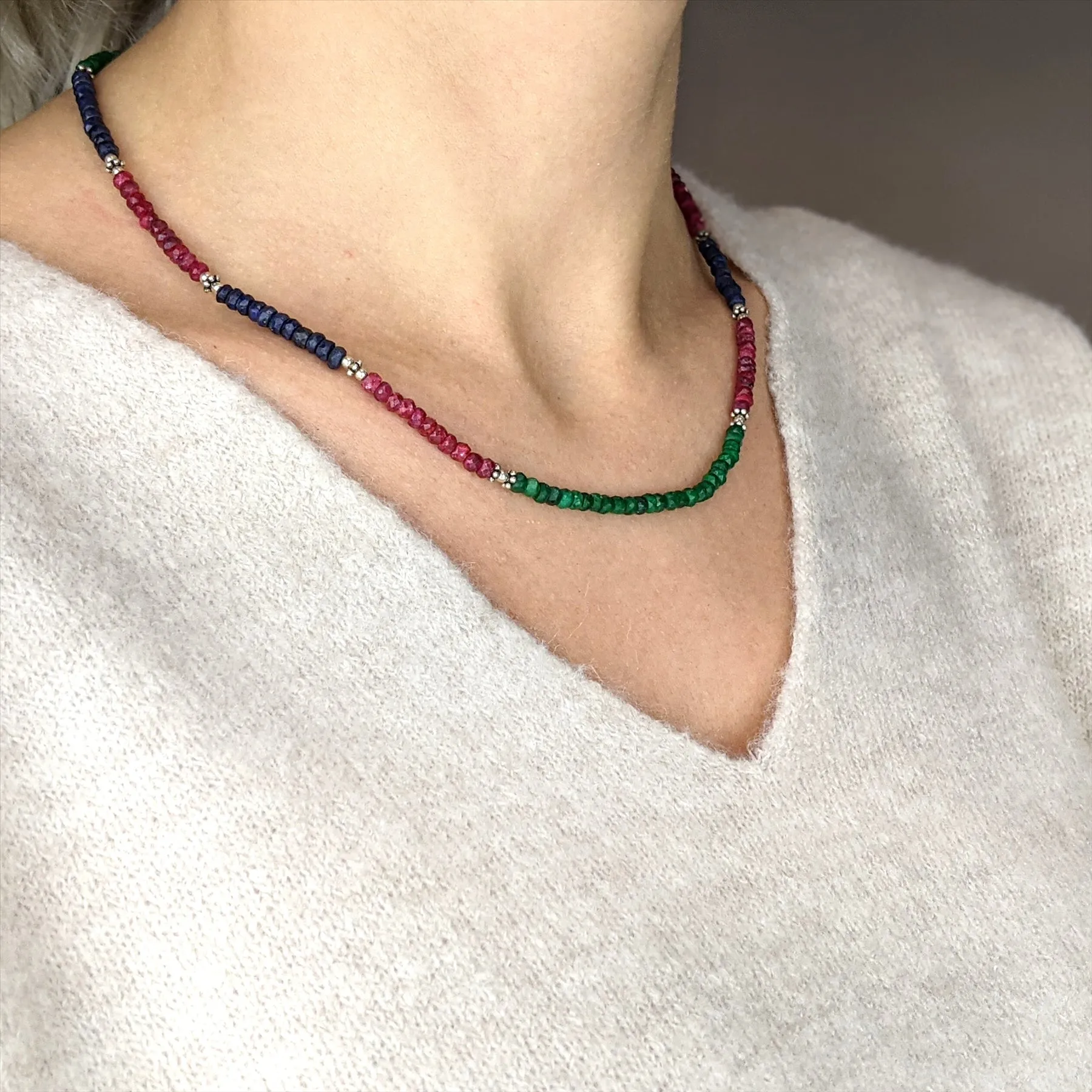 Sterling Silver Ruby Emerald Sapphire Gemstone Beaded Strand Necklace