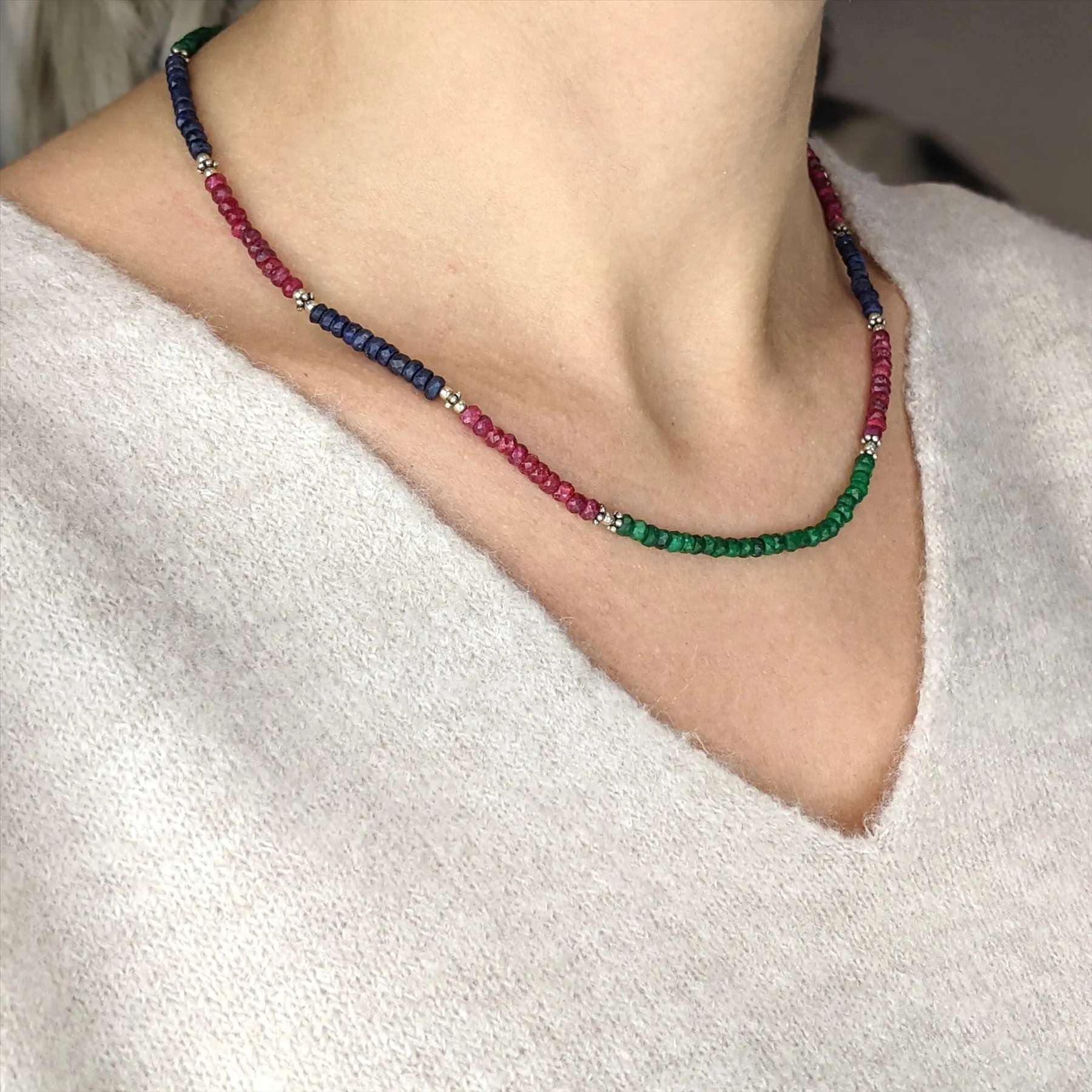 Sterling Silver Ruby Emerald Sapphire Gemstone Beaded Strand Necklace