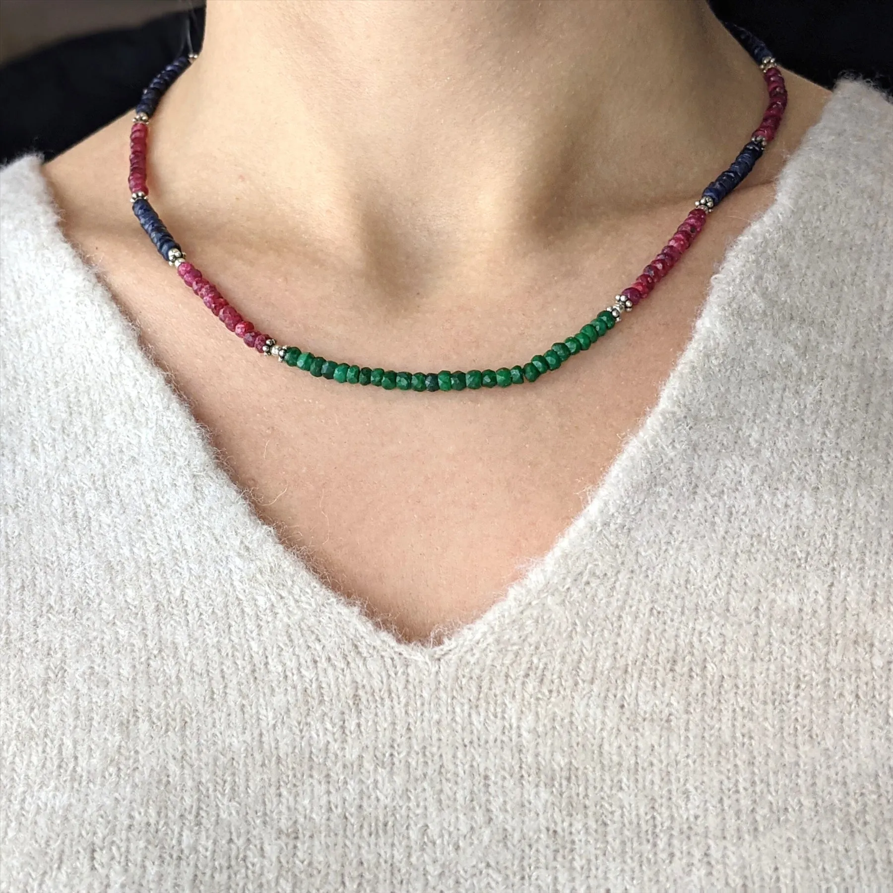 Sterling Silver Ruby Emerald Sapphire Gemstone Beaded Strand Necklace